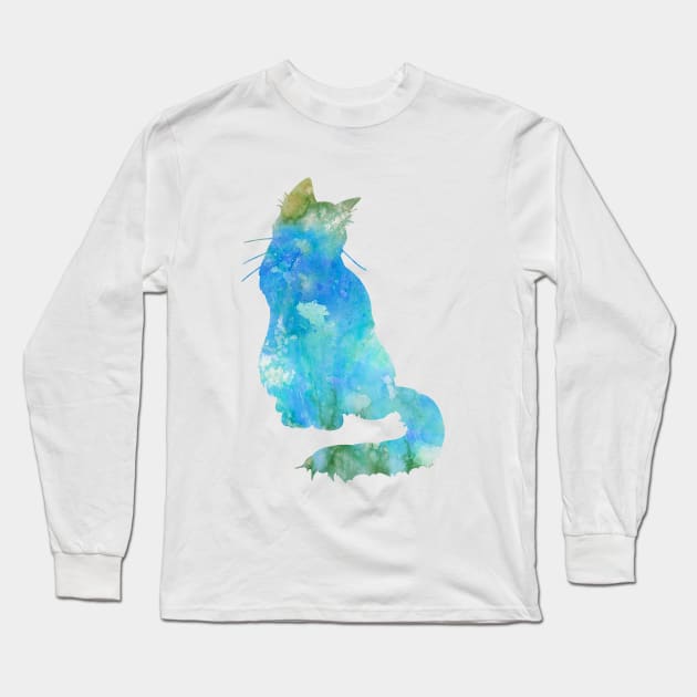 Turquoise Cat Watercolor Painting Long Sleeve T-Shirt by Miao Miao Design